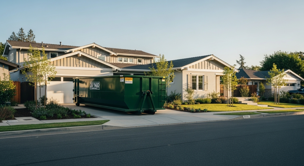 memorial day dumpster rental Palo Alto CA — dumpster in front of modern home during holiday prep