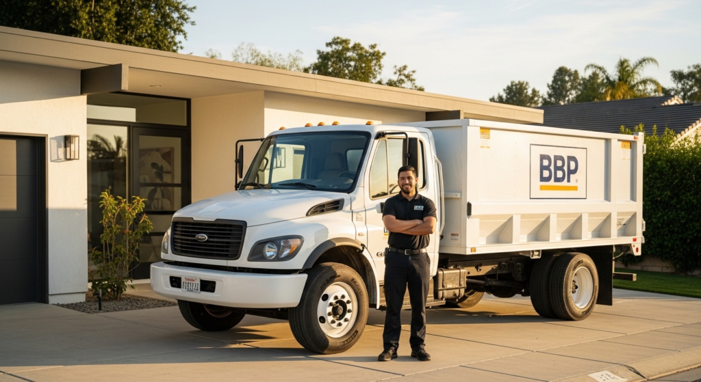 may moving season dumpster rental Palo Alto CA — BBP Dumpster delivery truck at residential home
