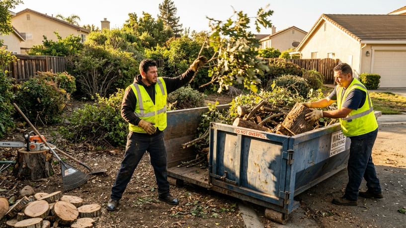 dumpster rental landscaping yard waste crew loading branches into roll-off container